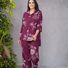 Miramaar Maroon Floral Printed Shirt & Pant Co-ord Set