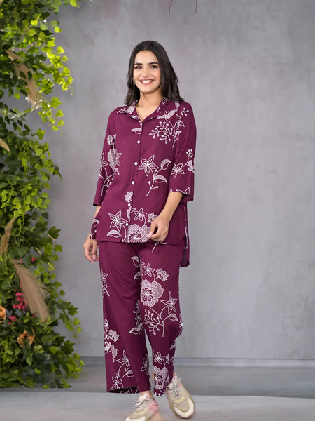 Miramaar Maroon Floral Printed Shirt & Pant Co-ord Set