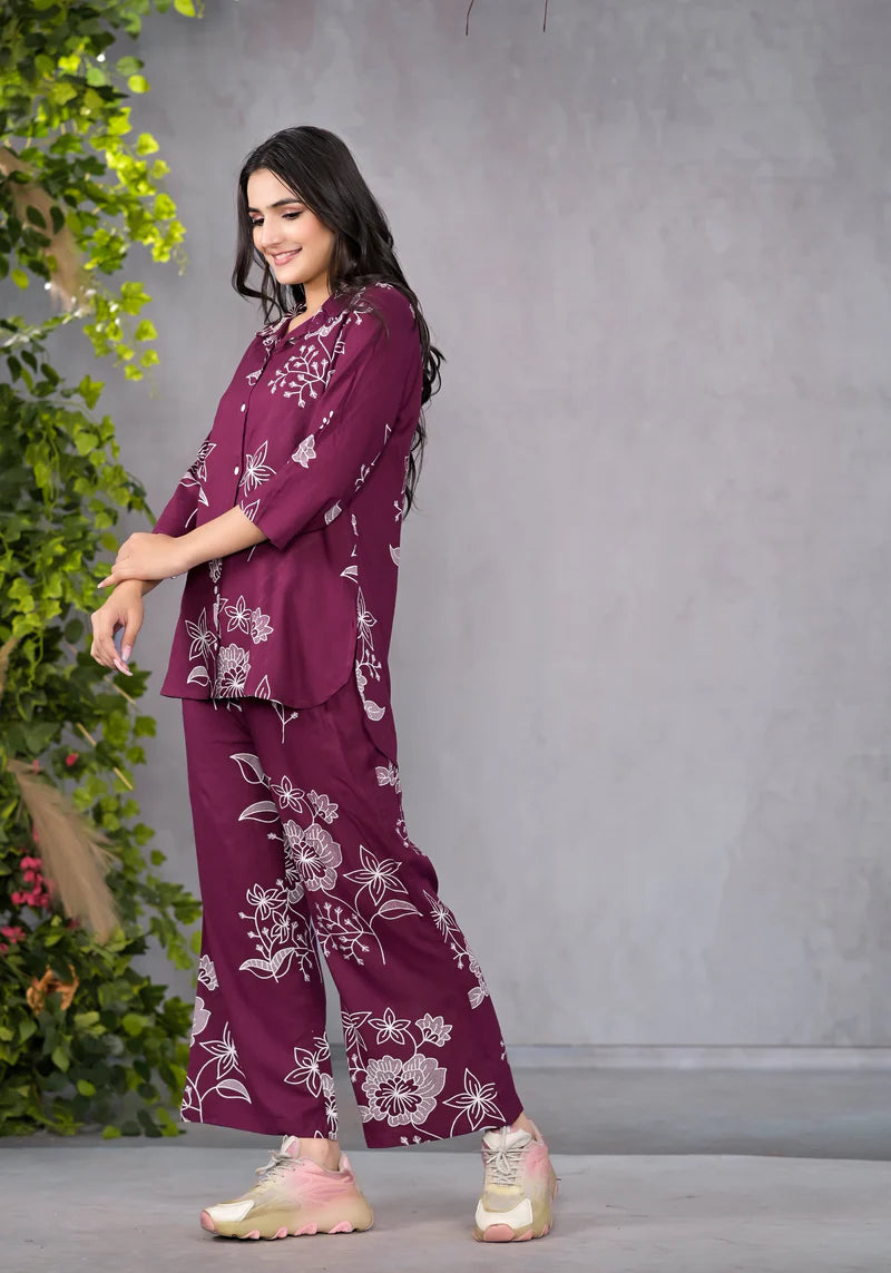 Miramaar Maroon Floral Printed Shirt & Pant Co-ord Set