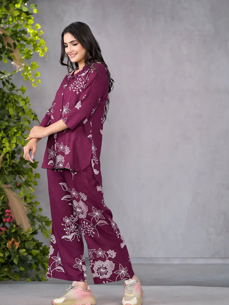 Miramaar Maroon Floral Printed Shirt & Pant Co-ord Set
