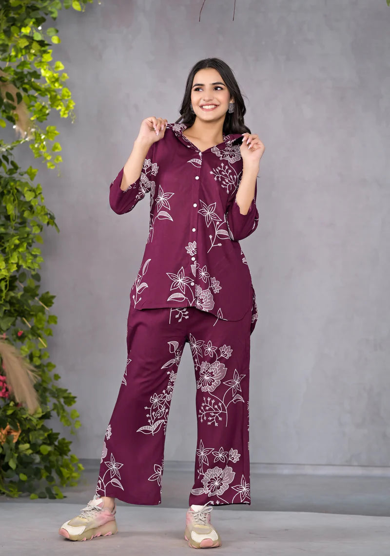Miramaar Maroon Floral Printed Shirt & Pant Co-ord Set