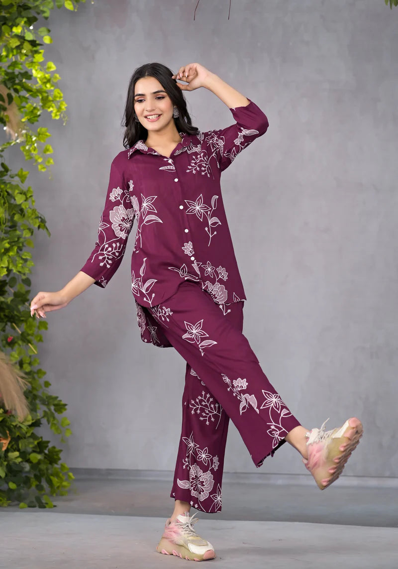 Miramaar Maroon Floral Printed Shirt & Pant Co-ord Set