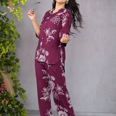 Miramaar Maroon Floral Printed Shirt & Pant Co-ord Set