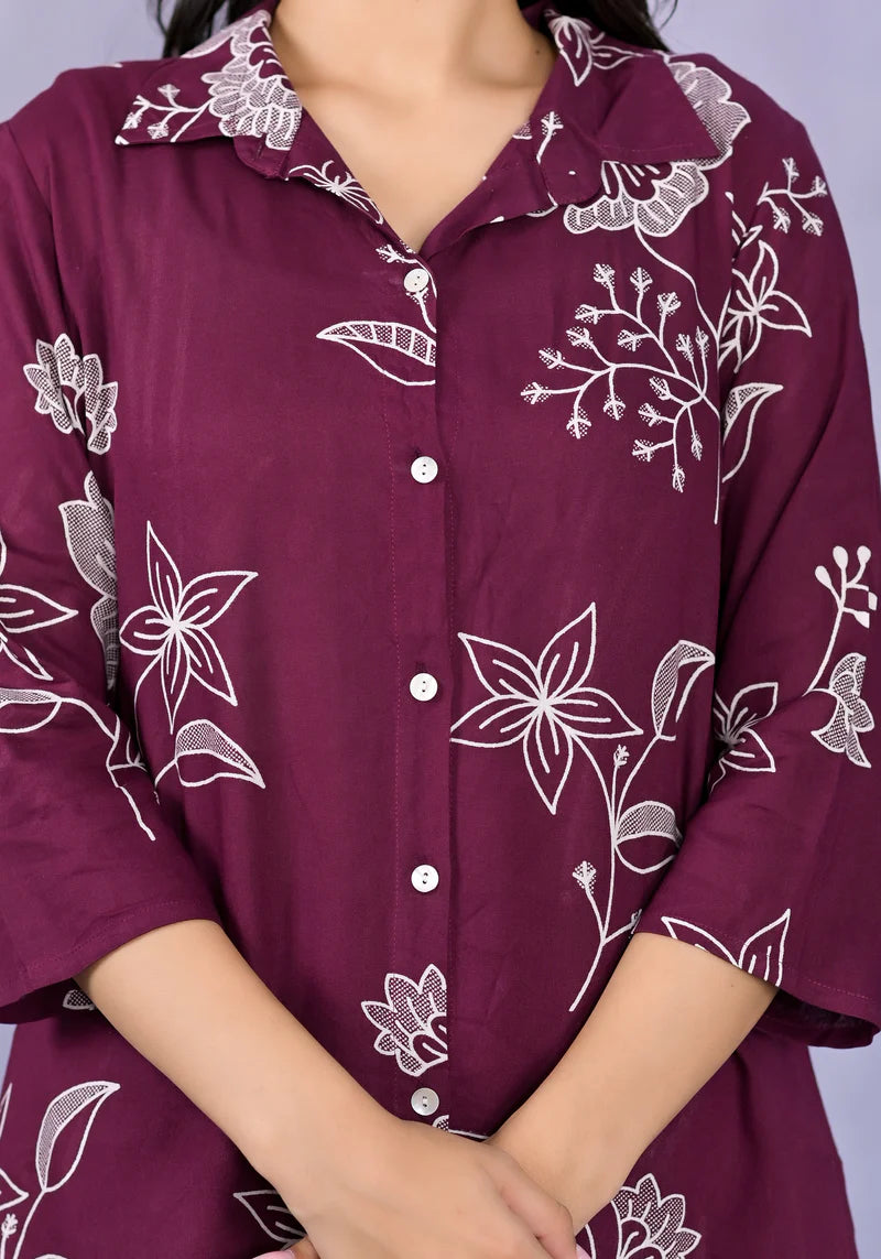 Miramaar Maroon Floral Printed Shirt & Pant Co-ord Set