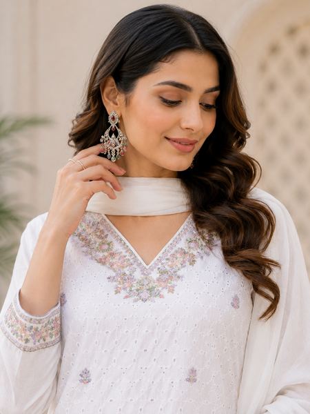 Miramaar Women's White Serenity Ensemble Kurta & Dupatta Set