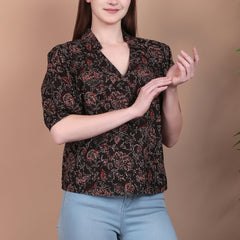 Miramaar Women's Cotton Printed Black Regular Top