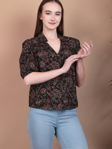 Miramaar Women's Cotton Printed Black Regular Top