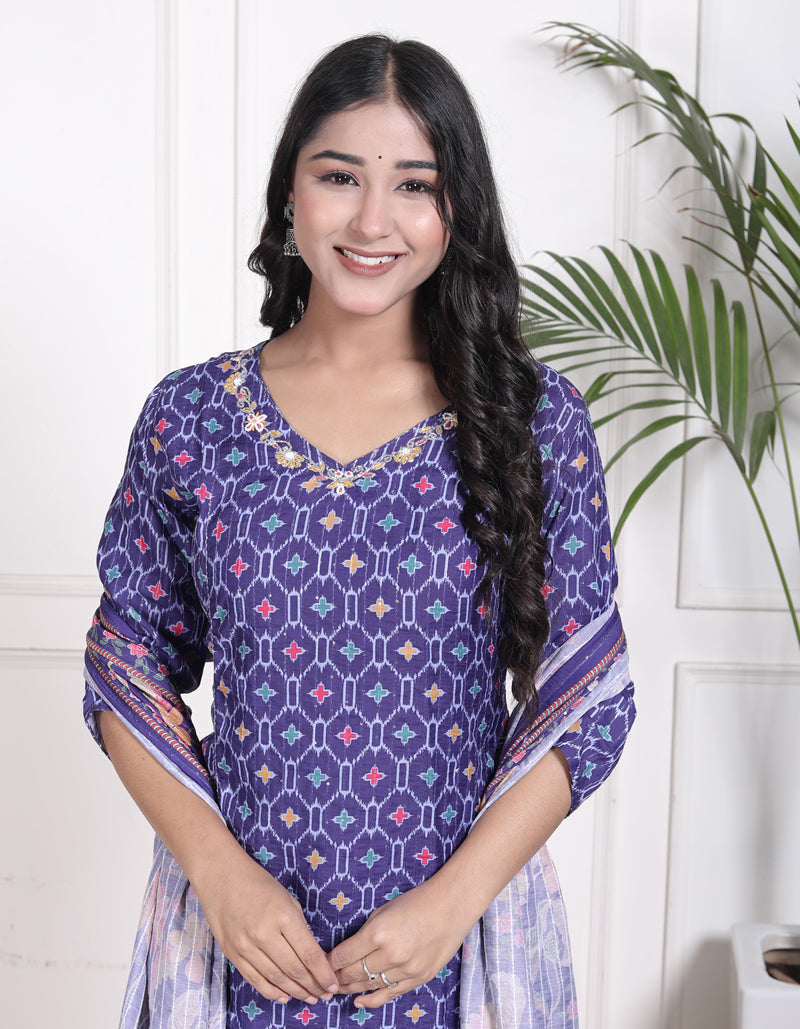 Miramaar Women's Blue Muslin V-Neck Kurta Set with Dupatta