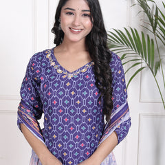 Miramaar Women's Blue Muslin V-Neck Kurta Set with Dupatta