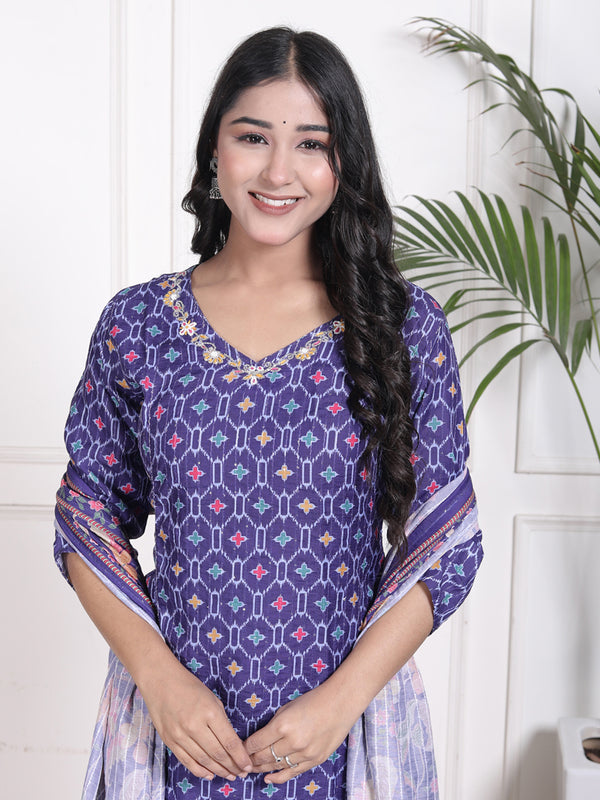 Miramaar Women's Blue Muslin V-Neck Kurta Set with Dupatta