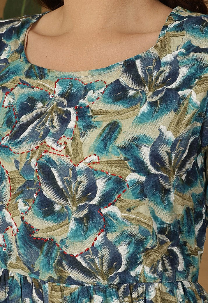 Miramaar Women's Blue Mulmul Round Neck Fit and Flare Dress