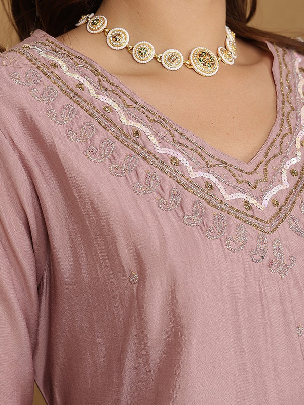 Royal Purple Roman Silk Straight Kurta Set with Dupatta