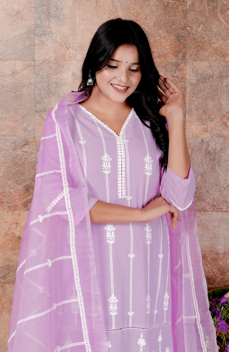 Miramaar Women's Purple Straight Embroidered Kurta Pant Dupatta Set