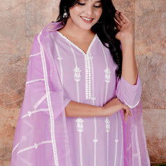 Miramaar Women's Purple Straight Embroidered Kurta Pant Dupatta Set