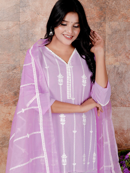 Miramaar Women's Purple Straight Embroidered Kurta Pant Dupatta Set