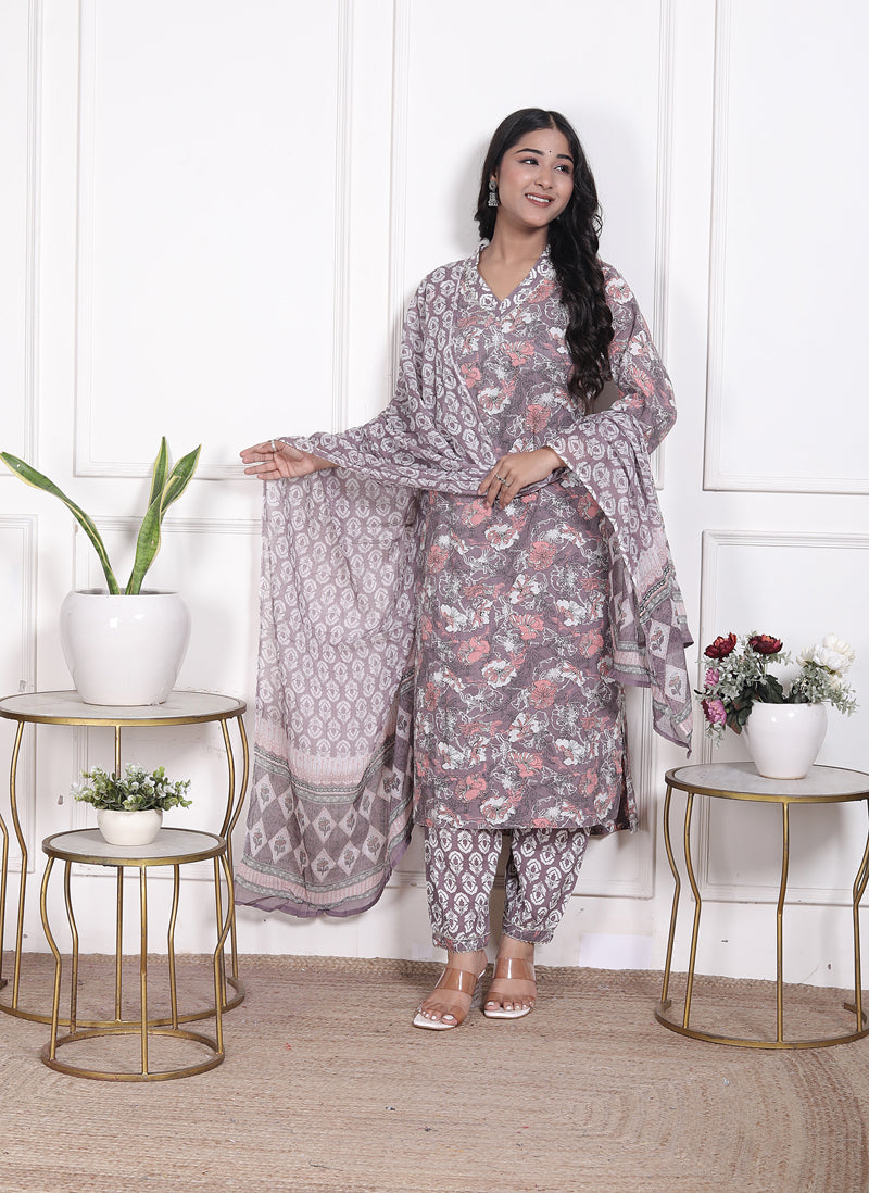 Miramaar Women's Brown Printed Cotton V-Neck Straight Kurta Pant with Dupatta