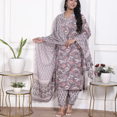 Miramaar Women's Brown Printed Cotton V-Neck Straight Kurta Pant with Dupatta