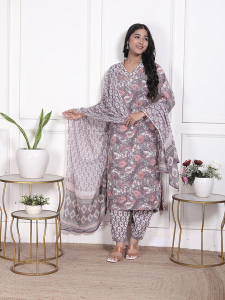 Miramaar Women's Brown Printed Cotton V-Neck Straight Kurta Pant with Dupatta