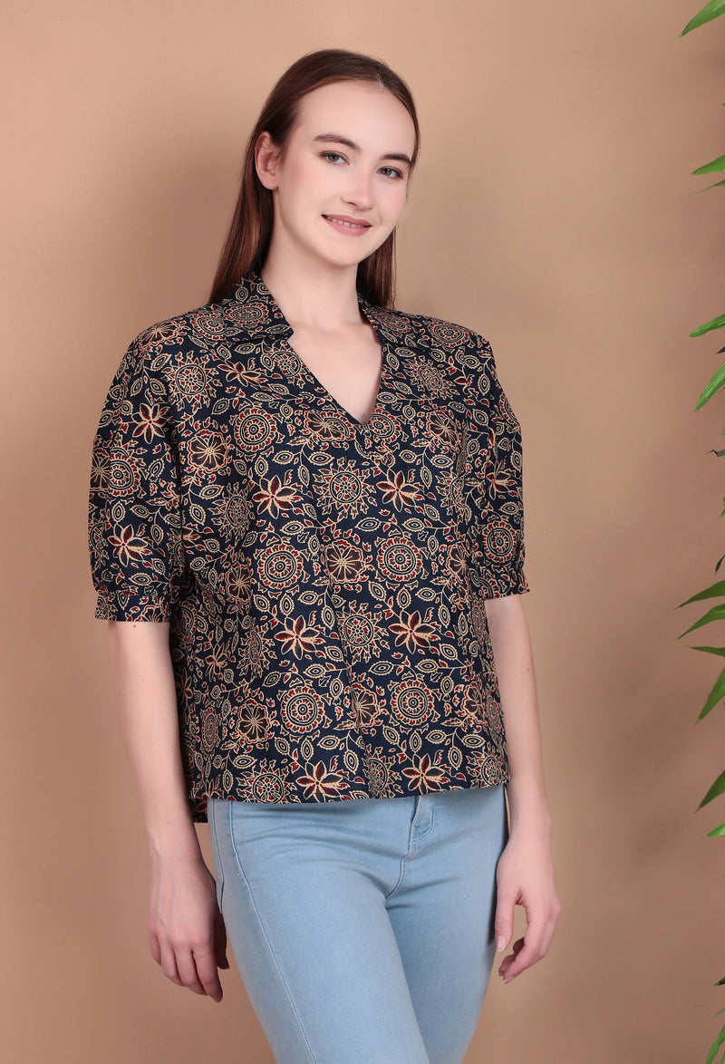 Miramaar Women's Cotton Printed Blue Regular Top