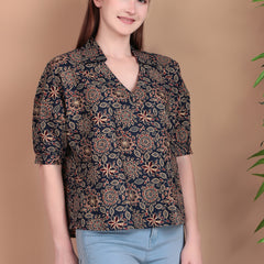 Miramaar Women's Cotton Printed Blue Regular Top