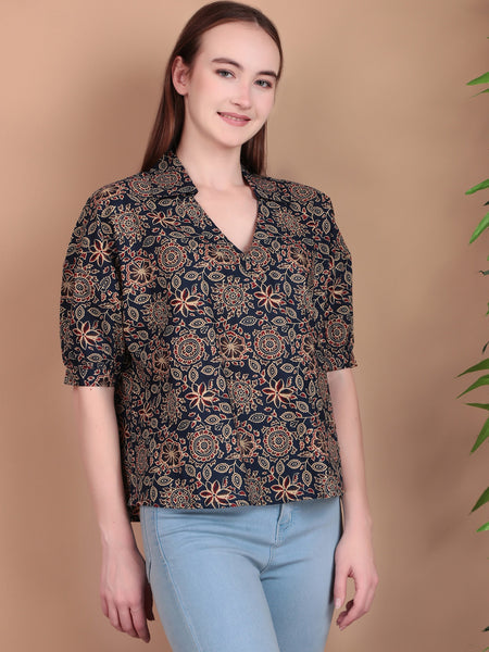 Miramaar Women's Cotton Printed Blue Regular Top