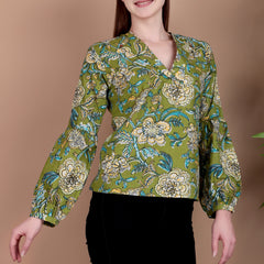 Miramaar Women's Cotton V-Neck Green Printed Top