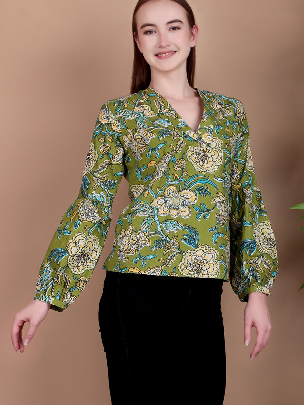 Miramaar Women's Cotton V-Neck Green Printed Top