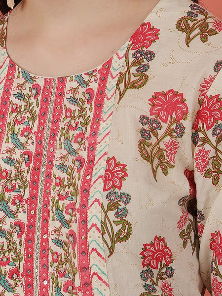 Miramaar Women's Off White & Pink Cotton Straight Kurta Set with Dupatta