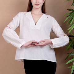 Miramaar Women's Cotton Flex Collared White Solid Embroidered Top