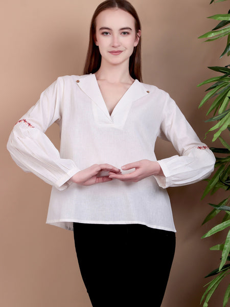 Miramaar Women's Cotton Flex Collared White Solid Embroidered Top