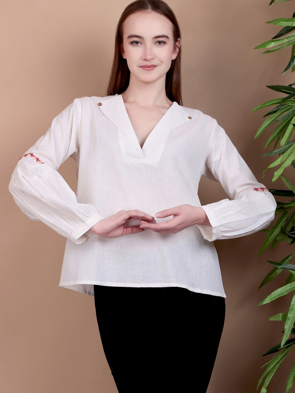 Miramaar Women's Cotton Flex Collared White Solid Embroidered Top