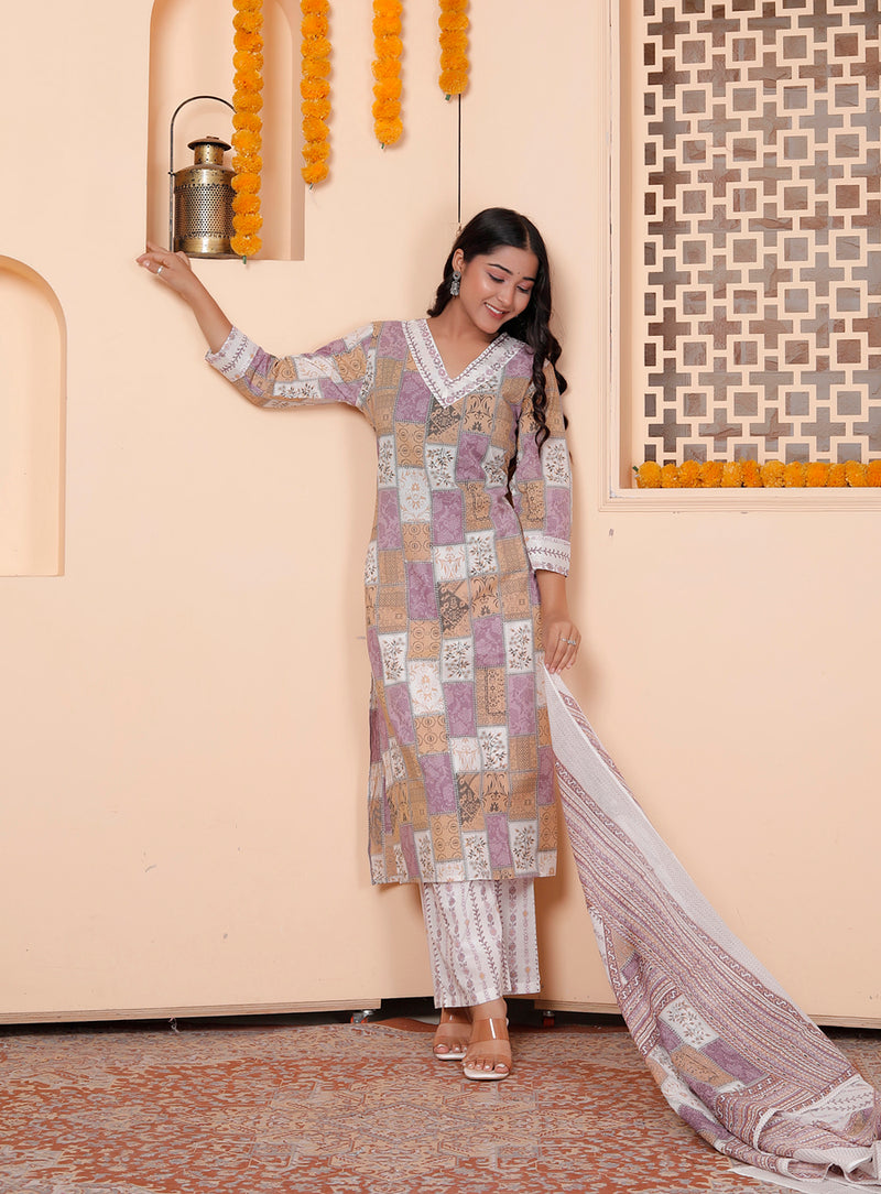 Miramaar Women's Printed Cotton V-Neck Straight Kurta Set with Dupatta