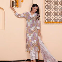 Miramaar Women's Printed Cotton V-Neck Straight Kurta Set with Dupatta
