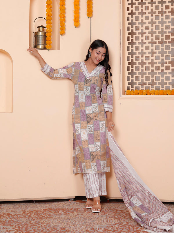 Miramaar Women's Printed Cotton V-Neck Straight Kurta Set with Dupatta