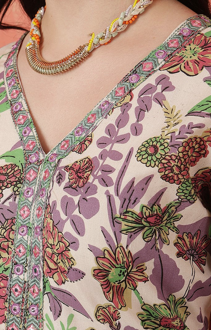 Miramaar Women's Beige Printed Viscose Rayon Kurta Set