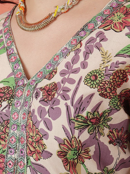 Miramaar Women's Beige Printed Viscose Rayon Kurta Set