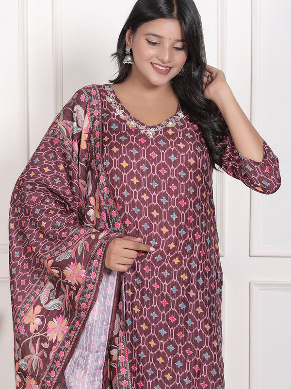 Miramaar Women's Maroon Muslin Adda Work Straight Kurta Set with Dupatta