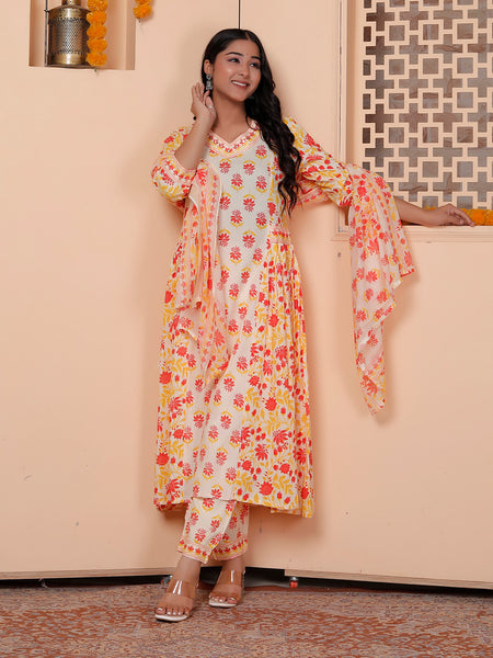 Miramaar Women's Yellow Printed Rayon Anarkali Adda Work Kurta Set