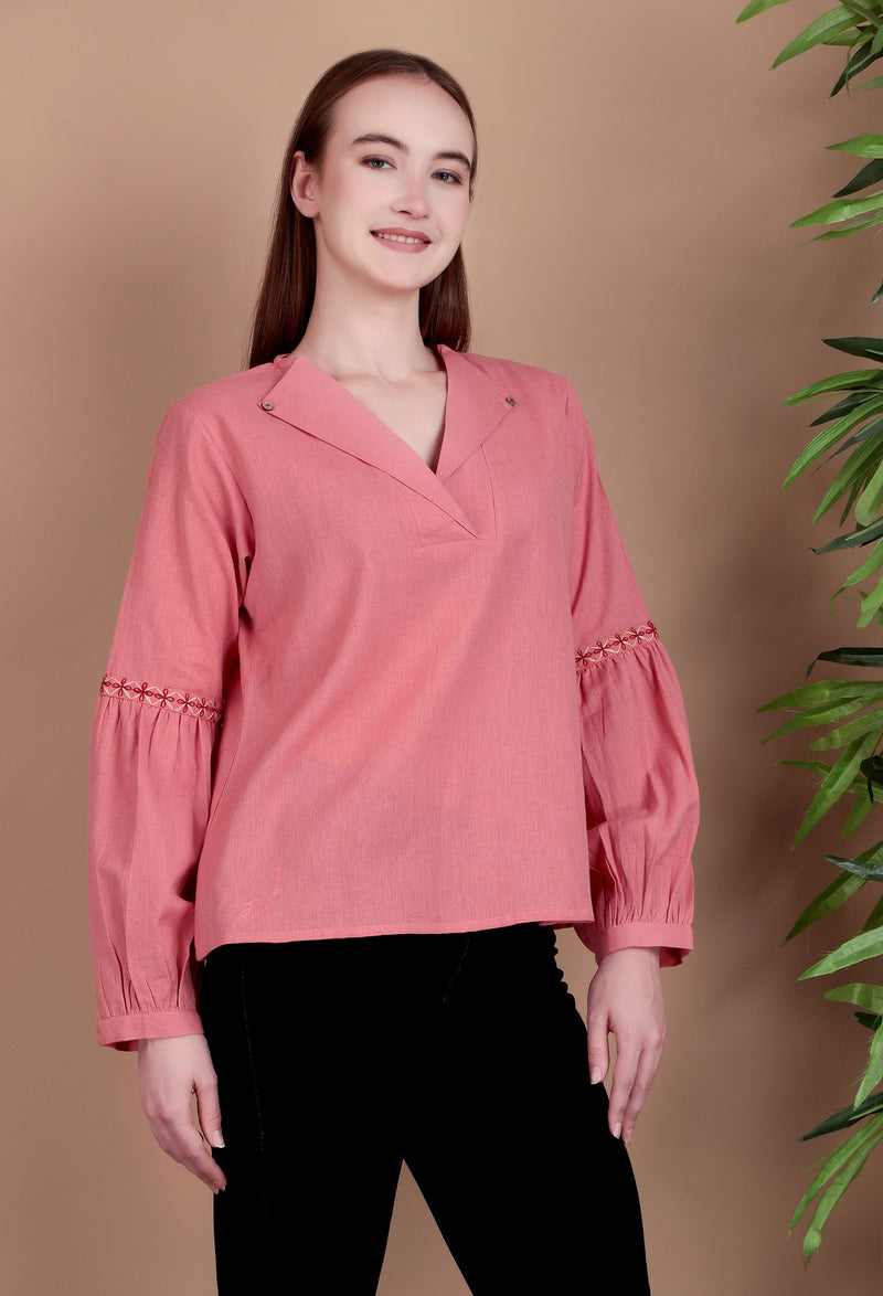 Miramaar Women's Cotton Flex Collared Pink Solid Embroidered Top