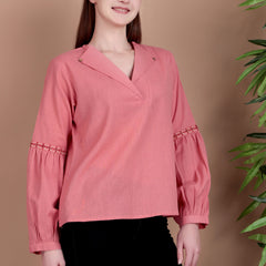 Miramaar Women's Cotton Flex Collared Pink Solid Embroidered Top