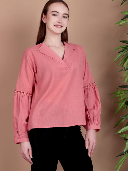 Miramaar Women's Cotton Flex Collared Pink Solid Embroidered Top