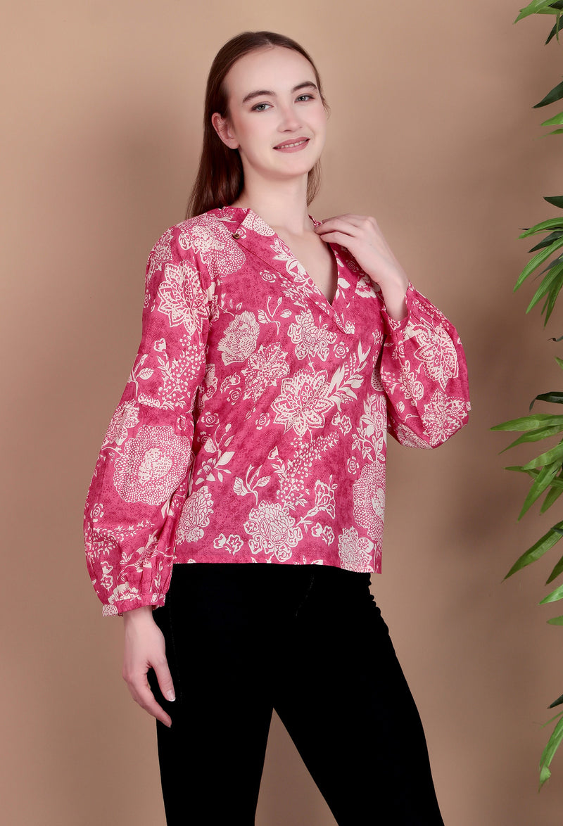 Miramaar Women's Cotton V-Neck Pink Printed Top