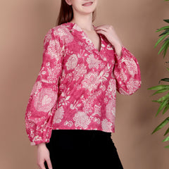 Miramaar Women's Cotton V-Neck Pink Printed Top