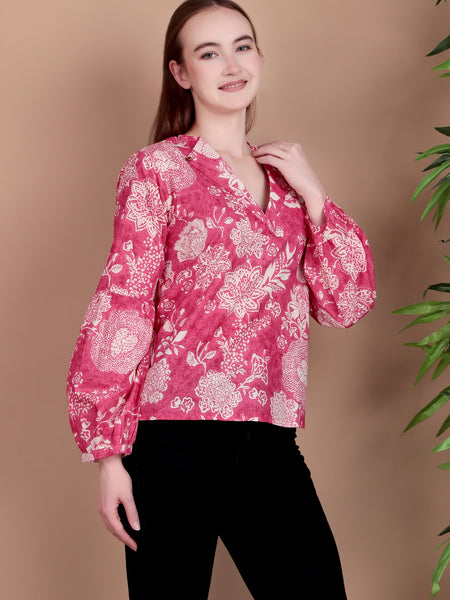 Miramaar Women's Cotton V-Neck Pink Printed Top