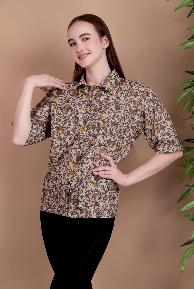 Miramaar Women's Cotton Spread Collar Brown Printed Top