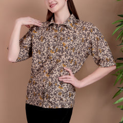 Miramaar Women's Cotton Spread Collar Brown Printed Top