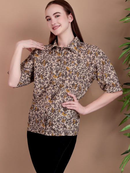 Miramaar Women's Cotton Spread Collar Brown Printed Top