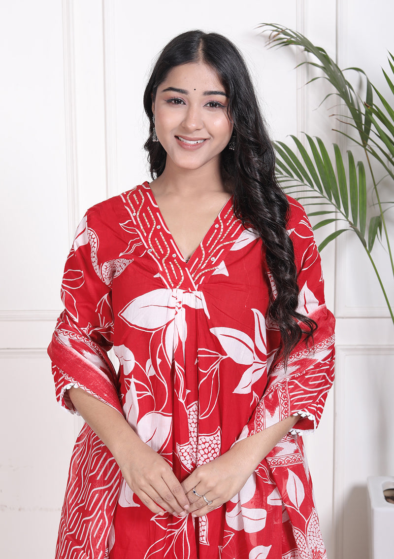 Miramaar Women's Red Printed A-line Cotton Adda Work Kurta Set with Dupatta