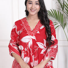 Miramaar Women's Red Printed A-line Cotton Adda Work Kurta Set with Dupatta