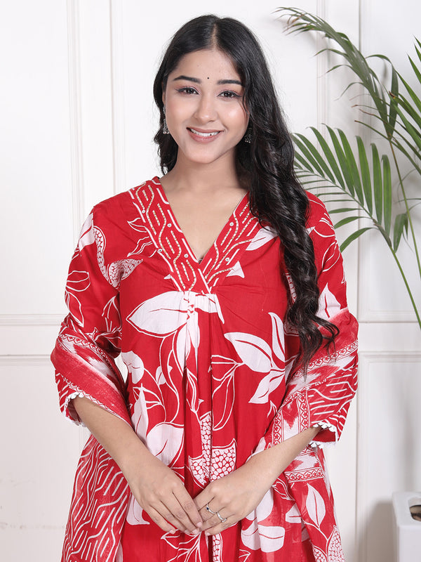 Miramaar Women's Red Printed A-line Cotton Adda Work Kurta Set with Dupatta